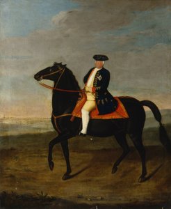 Král Fridrich Vilém I. na koni s Postupimí v pozadí, kolem roku 1735