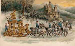 Bavorský král Ludvík II. přijíždí na zámek Neuschwanstein na zlatých saních (chromolit) od German School