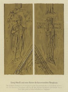 Král Otto III a jeho matka Theophania, císařovna choť Otty II, císař Svaté říše římské (barva litho) od German School