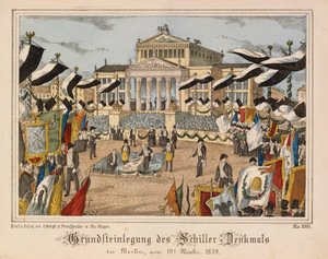 Položení základního kamene Schillerova pomníku na Gendarmenmarktu v Berlíně, 10. listopadu 1859, v pozadí Schauspielhaus, z publikace Neuruppiner Bilderbogen, kterou vydalo nakladatelství Oehmigle & Ri. od German School