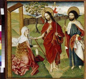 Kristus, Marie Magdalena a svatý Bartoloměj (nebo Natanael, apoštol) (Kristus, Marie Magdalena a svatý Bartoloměj). Může být reprezentací „Noli me tangere““: vize vzkříšeného Krista u svaté Marie Magdaleny. Ježíš Kristus drží roušku od German School