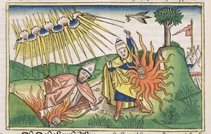 Leviticus 10 1-2 Nadab a Abihu nabízejí nesvatý oheň a zemřít, z norimberské bible (Biblia Sacra Germanaica) (barevný dřevoryt) od German School