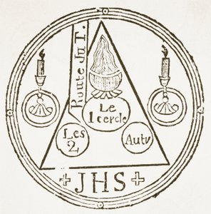 Magický kruh, kopie ilustrace z Dreyfacher Hollenzwang od Dr. Fautense, Passau 1407, reprodukováno v Das Kolster Vol V, od J Scheible, 1845, použité v Historii magie, vydané koncem 19. od German School