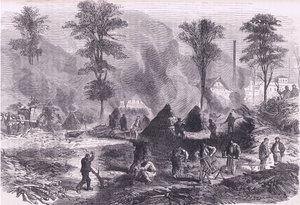 Výroba dřevěného uhlí pro střelný prach, Cassells History of the War between France and Germany vydané společností Cassell and Company Limited, kolem roku 1890 (litho) od German School
