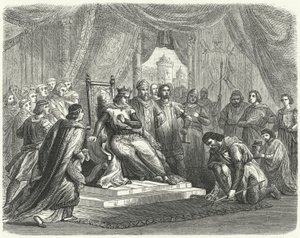 Malcolm IV ze Skotska vzdává hold Jindřichovi II. Anglie v Chesteru od German School