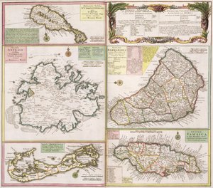 Mapa anglických kolonií v Karibiku, hospoda. od Homanns Heirs, Norimberk, kolem roku 1750 (podrobnosti viz 101837-38)