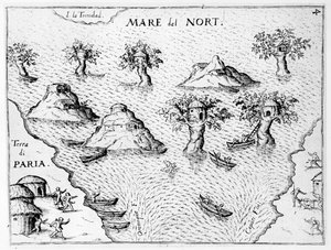 Mapa pobřeží Guyany, ilustrace z knihy Regni Guianae od G. Raleigha