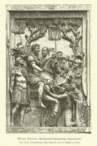 Marcus Aurelius omilostňující markomanské náčelníky (rytina) od German School