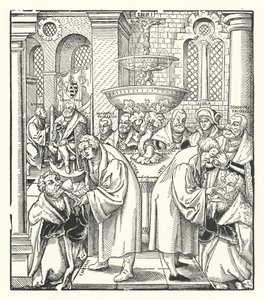 Martin Luther a Jan Hus podávající svaté přijímání saské královské rodině (rytina) od German School