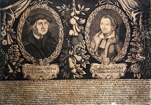 Martin Luther a jeho manželka Katharina von Bora (rytina) od German School
