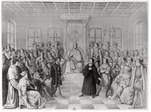Martin Luther před Karlem V. (1500-58) na sněmu ve Wormsu, 16. dubna 1521, z „Historie Německa“ od German School