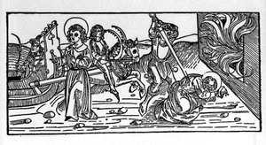 Umučení svatého Polykarpa ze Smyrny (asi 69-155), eveque. Rytina z „Leben der Heiligen - Sommerteil (kniha světce)“ od Jacoba (Jakuba) z Voragine (1228-1298) od German School