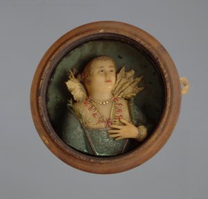 Miniaturní portrét, cca 1600 (vosk, sklo a dřevo)