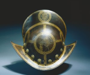 Morion ze Státní gardy kurfiřta Kristiána I. Saského, Norimberk, kolem 1580-91 (leptaná a zlacená rezavá ocel) od German School