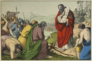 Mojžíš a desky Zákona, ilustrace z knihy LAncien Testament, kterou vydal Jakob Ferdinand Schreiber, Esslingen (barevná rytina) od German School