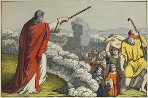 Mojžíš rozděluje vody Rudého moře, ilustrace z LAncien Testament, vydáno Jakobem Ferdinandem Schreiberem, Esslingen (barevná rytina) od German School