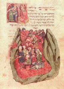 Mojžíš vede děti Izraele přes Rudé moře z židovské modlitební knihy, Hamburk, 1427 (rukopis) od German School