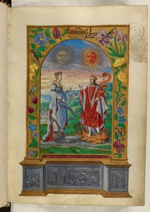 Paní Harley 3469 f.10 Miniatura krále a královny se svitky, z 