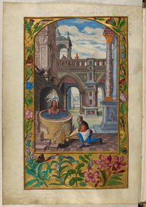 Paní Harley 3469, f.21v Muž koupající se na nádvoří, Sedmé podobenství, z 