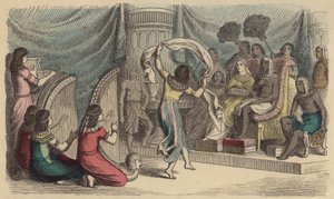Hudebníci a tanečníci vystupující před faraónem ve starověkém Egyptě (barevná rytina) od German School