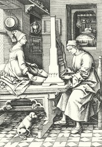 Hudebníci hrající na varhany ve venkovském domě v 15. století (rytina) od German School