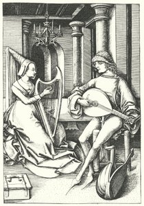 Hudebníci hrající na loutnu a harfu ve venkovském domě v 15. století (rytina) od German School