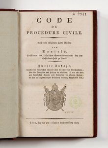 Napoleonský občanský soudní řád pro francouzské departementy na levém břehu Rýna, otevřený na titulní straně, Kolín, 1809 (tištěný papír) od German School