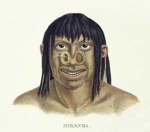 Domorodý muž z kmene Miranha, s ozdobou nosu, z Atlasu cesty v Brazílii od Johanna Baptista von Spix (1781-1826) a Karla Friedricha Philippa Martia (1794-1868), vydáno kolem 1835-50 (kol. od German School