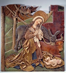 Nativite Reliéf na vnitřní straně oltářního obrazu z polychromovaného dřeva německé školy. 1510 Rozm. 1,12x1,11 m Paříž, Musee du Louvre od German School