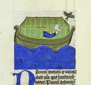 Noe vypouští holubici a havrana, De Rerum Natura - Rabanus Maurus, kolem 1425 (kvaš na Vellum) od German School