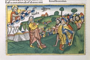 Čísla 1 1-20 Příprava na cestu z hory Sinaj, z norimberské bible (Biblia Sacra Germanaica) (barevný dřevoryt) od German School