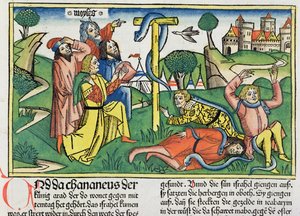 Numeri 21 4-9 Jedovatí hadi uštknou vzpurné Izraelity, z Norimberské bible (Biblia Sacra Germanaica) (kolorovaný dřevoryt) od German School