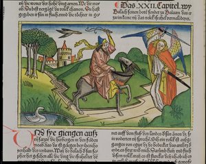 Čísla 22 20-35 Balaams mluvící osel, z norimberské bible (Biblia Sacra Germanaica) (barevný dřevoryt) od German School