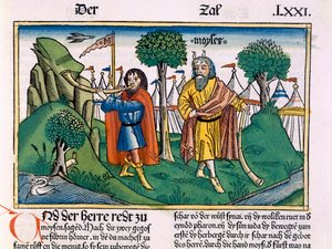 Čísla 2 Táborové úkoly Izraelitů z norimberské bible (Biblia Sacra Germanaica) (barevný dřevoryt)