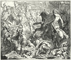 Otto I. Německá porážka Maďarů v bitvě u Lechfeldu, 955 (rytina) od German School