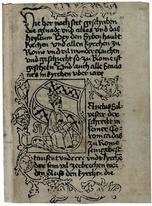 Stránka z německého výtisku „The Mirabilia of Rome“ od Pseudo-Aegidius Romanus, možná vydaného Ulrichem Hanem, Řím, kolem roku 1475 (dřevořez a pero a inkoust na pergamenu) od German School