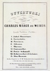 Stránka s představením předeher z různých oper Carla Maria von Webera (litho) od German School