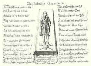 Brožura vydaná in memoriam zavražděného českého vojevůdce Albrechta z Valdštejna (rytina) od German School