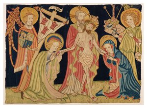 Osa alttarin edessä olevasta kuvakudoksesta, joka kuvaa Pyhää Kolminaisuutta, Neitsyt, Pyhää Johannesta ja kahta enkeliä, Nürnbergistä, n. 1420 (villaa ja pellavaa) od German School