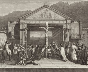 Pašijová hra v Oberammergau, Bavorsko, Německo. Ilustrace pro Bilder-Atlas (rytina) od German School
