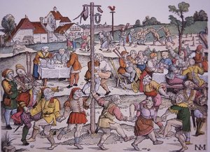 Tančící rolníci (ručně kolorovaná rytina) od German School