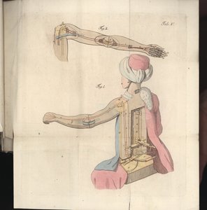 Deska V, z roku O šachistovi Herr von Kempelen a jeho replice, vydal Joseph Friedrich Freiherr von Racknitz, Lipsko a Drážďany: Joh. Gottl. Breitkopf, 1789 (barevně ryt od German School