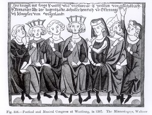 Poetický a hudební kongres, Wartburg, 1207, ilustrace z Vědy a literatury ve středověku a renesanci, napsal a vyryl Paul Lacroix, 1878 od German School