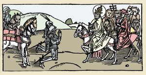 Papež Leon I. se setkává s Attilou a Arrete - Invaze barbarů - Rytina z „Leben der Heiligen - sommerteil“ (Kniha světce) od Jacoba (Jakub) z Voragine (1228-1298). Lubeck 1488. od German School