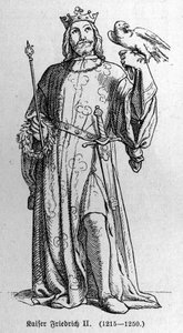 Portrét Frederika II. z Hohenstaufenu (1194-1250), krále Svaté říše římské. Rytina v „“ Kaiser, Konig und Papft““ od Richarda Rotha od German School