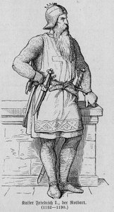 Portrét Frederika I. z Hauhenstaufen známého jako Frederic Barberousse (1122-1190), německý římský císař. Rytina v „“ Kaiser, Konig und Papft““ od Richarda Rotha od German School