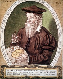 Portrét Gerharda Kremera dit Gerardus Mercator (1512-1594). Falešný název prvního vydání Atlasu. od German School
