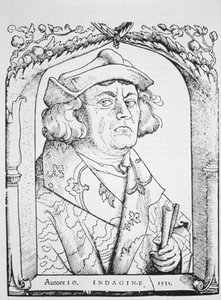 Portrét Jana z Indagine, podle Hanse Baldunga Griena, z Chiromantie od Ioannese ab Indagine, Štrasburk 1531, ilustrovaný v Dějinách magie, vydané koncem 19. století od German School