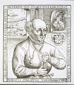 Portrét Theophrasta Paracelsa (1493-1541), kopie ilustrace z jeho knihy Astronomica et Astrologica Pouscula, Kolín nad Rýnem 1567, použitá v Historii magie, vydané koncem 19. století (woodc od German School