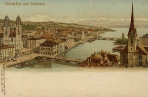 Pohlednice zobrazující celkový pohled na město Curych od German School